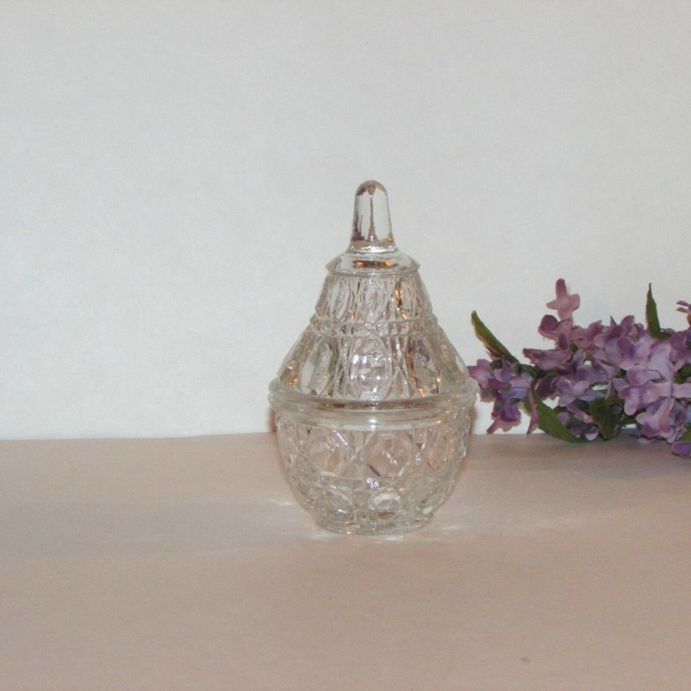 Vintage Glass Trinket Box Ring Holder Pear Shaped Jar Jewelry Keeper